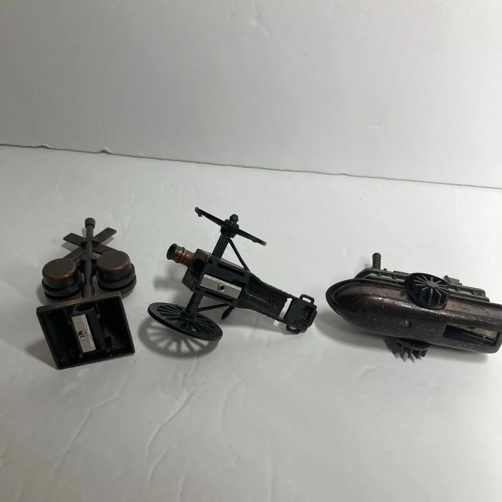 Vintage Metal Pencil Sharpeners Lot‎ of 3 Cannon, Railroad Sign, Steamboat